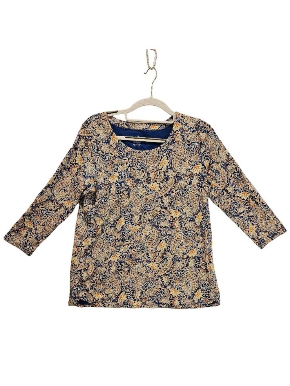 j jill blouse womans S blue cream tan paisley pima cotton 3/4 sleeves stretch bu